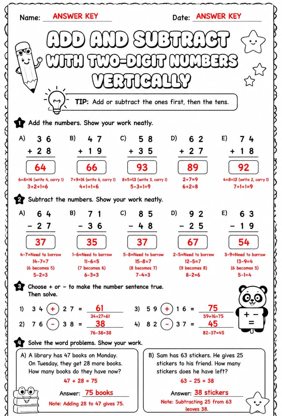 Answer key for Add and subtract with two-digit numbers vertically — free printable Math worksheet