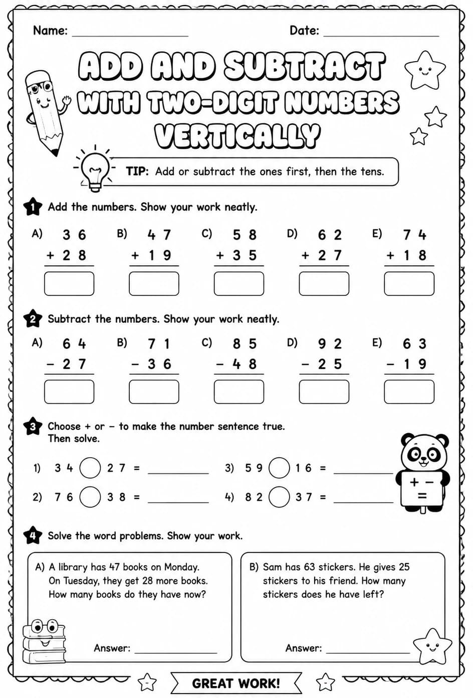 Add and subtract with two-digit numbers vertically — free printable Grade 2 math worksheet