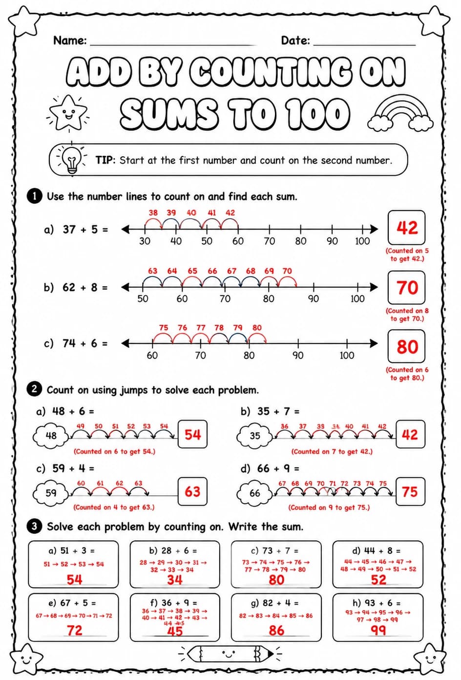 Answer key for Add by counting on - sums to 100 — free printable Math worksheet