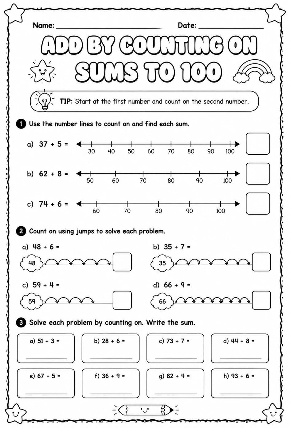 Add by counting on - sums to 100 — free printable Grade 1 math worksheet