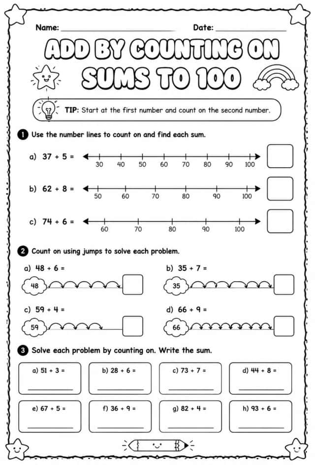 Add by counting on - sums to 100