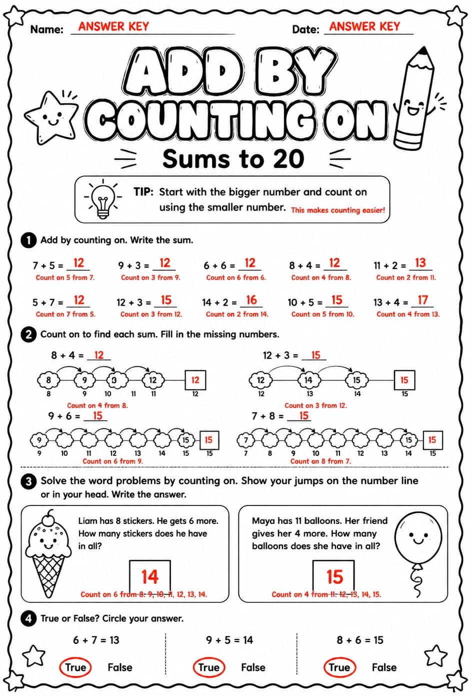 Answer key for Add by counting on - sums to 20 — free printable Math worksheet