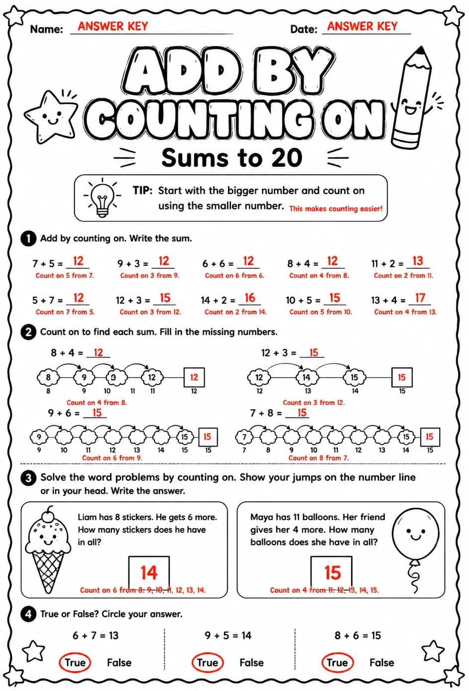 Answer key for Add by counting on - sums to 20 — free printable Math worksheet