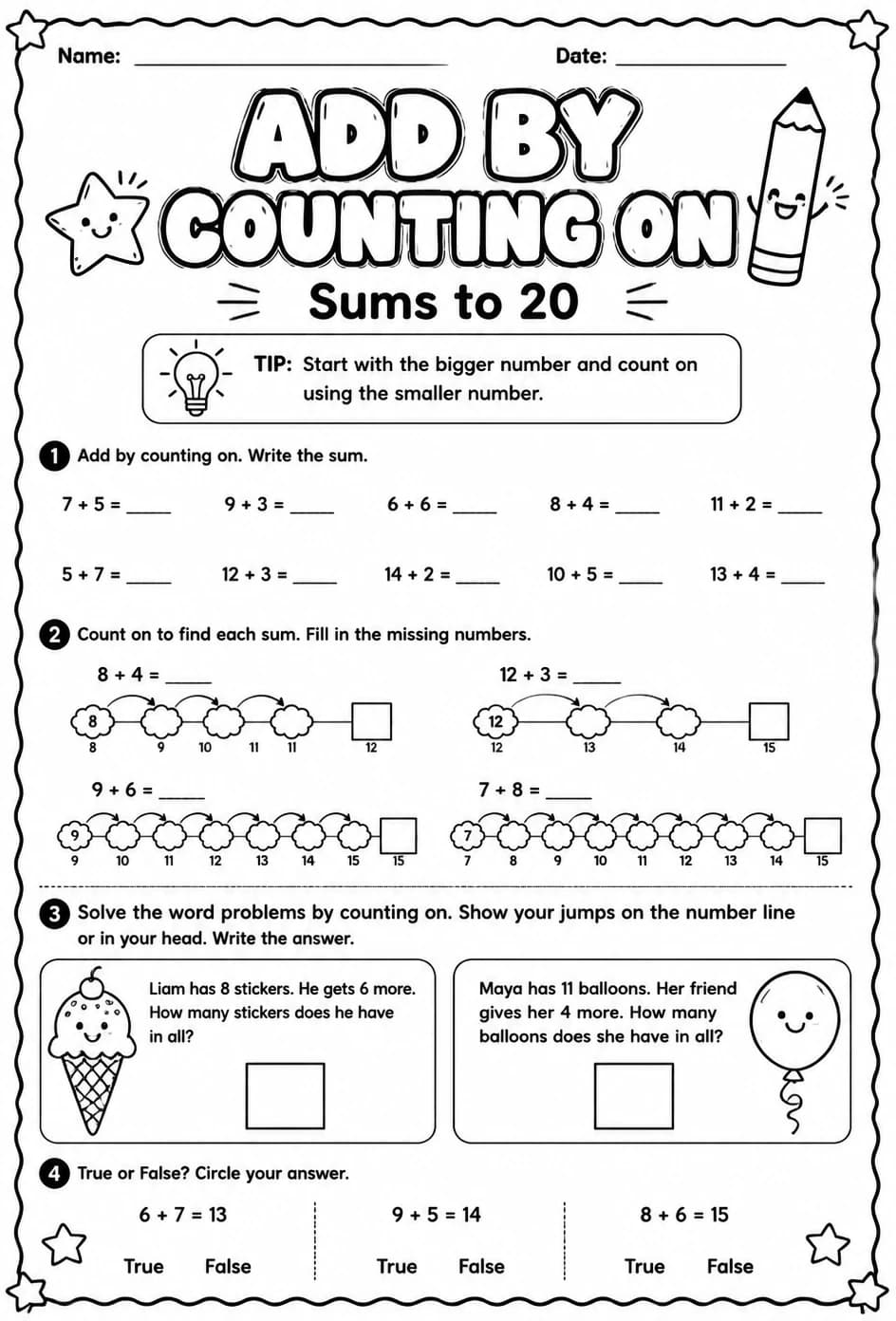 Add by counting on - sums to 20 — free printable Grade 2 math worksheet