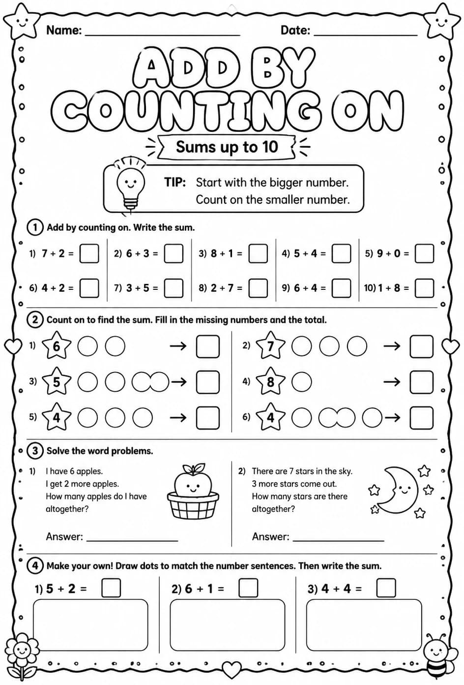 Add by counting on - sums up to 10 — free printable Grade 1 math worksheet