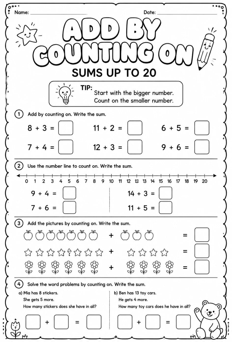 Add by counting on - sums up to 20 — free printable Grade 1 math worksheet