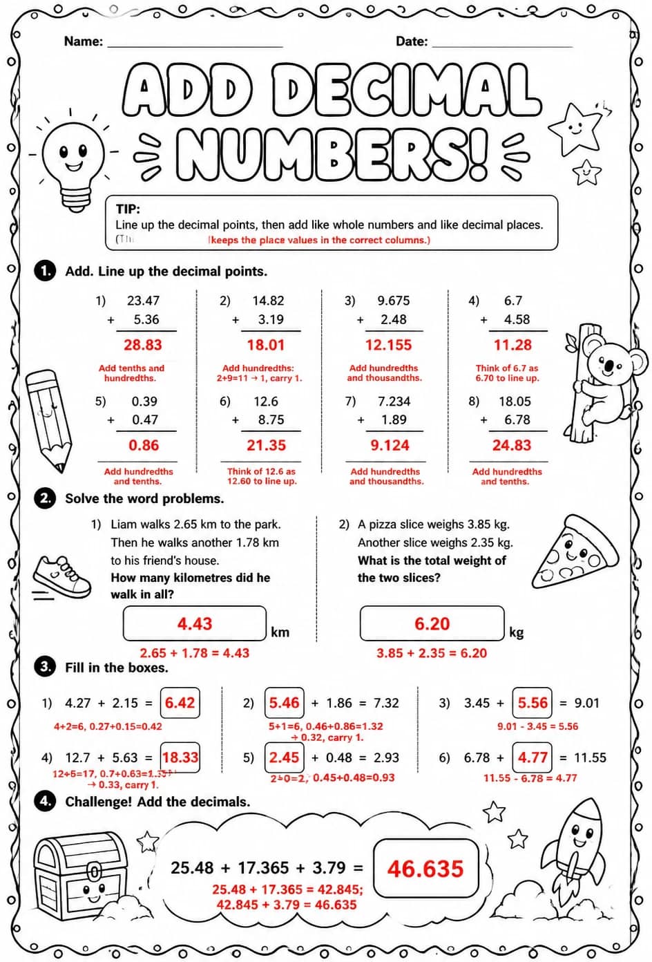 Answer key for Add decimal numbers — free printable Math worksheet