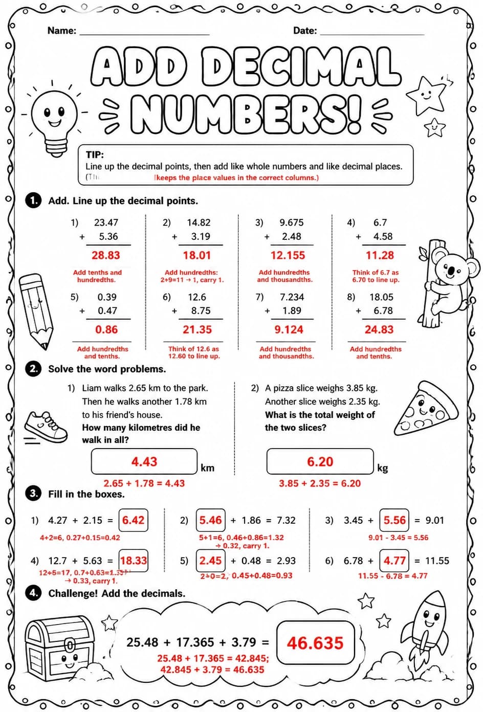 Answer key for Add decimal numbers — free printable Math worksheet