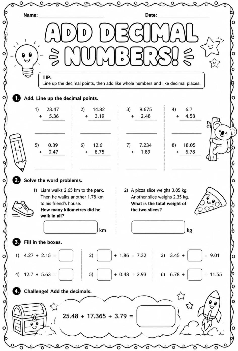 Add decimal numbers — free printable Grade 4 math worksheet