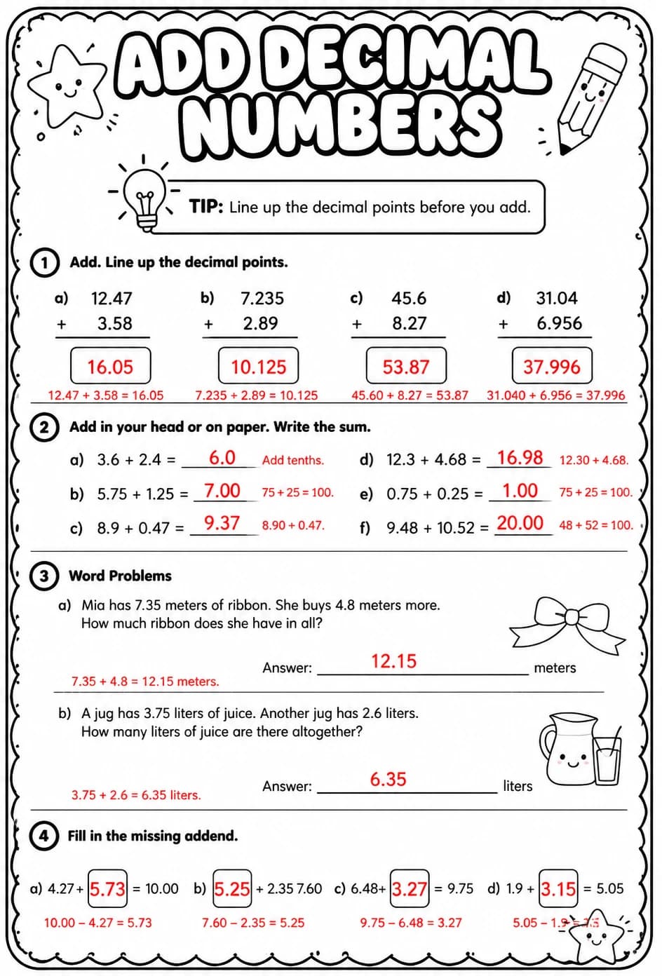 Answer key for Add decimal numbers — free printable Math worksheet