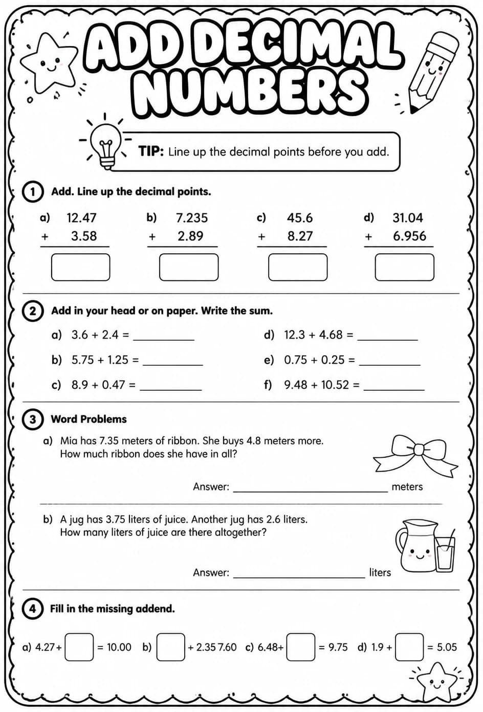 Add decimal numbers — free printable Grade 5 math worksheet