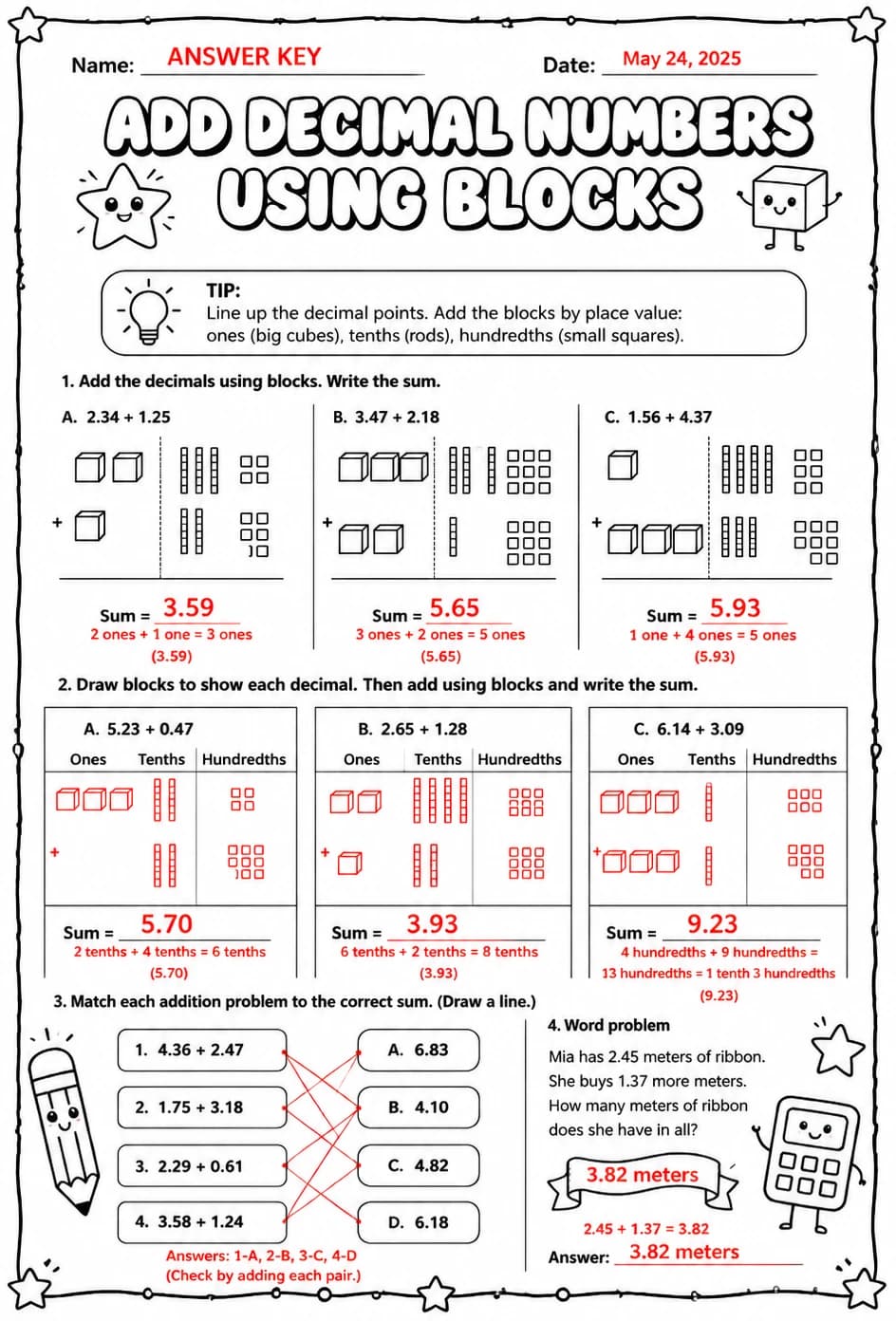 Answer key for Add decimal numbers using blocks — free printable Math worksheet
