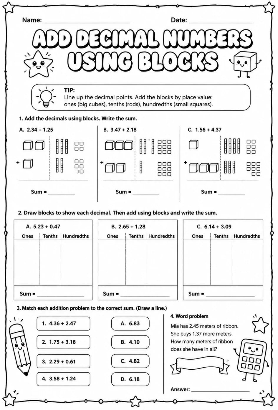 Add decimal numbers using blocks — free printable Grade 5 math worksheet