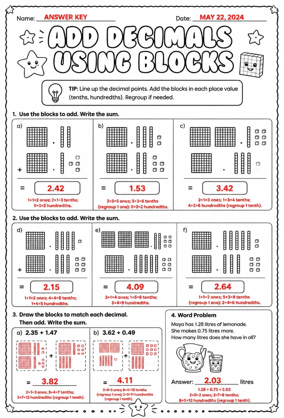 Answer key for Add decimals using blocks — free printable Math worksheet