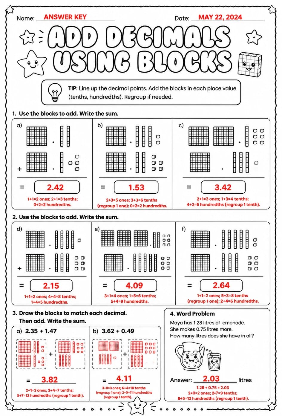 Answer key for Add decimals using blocks — free printable Math worksheet