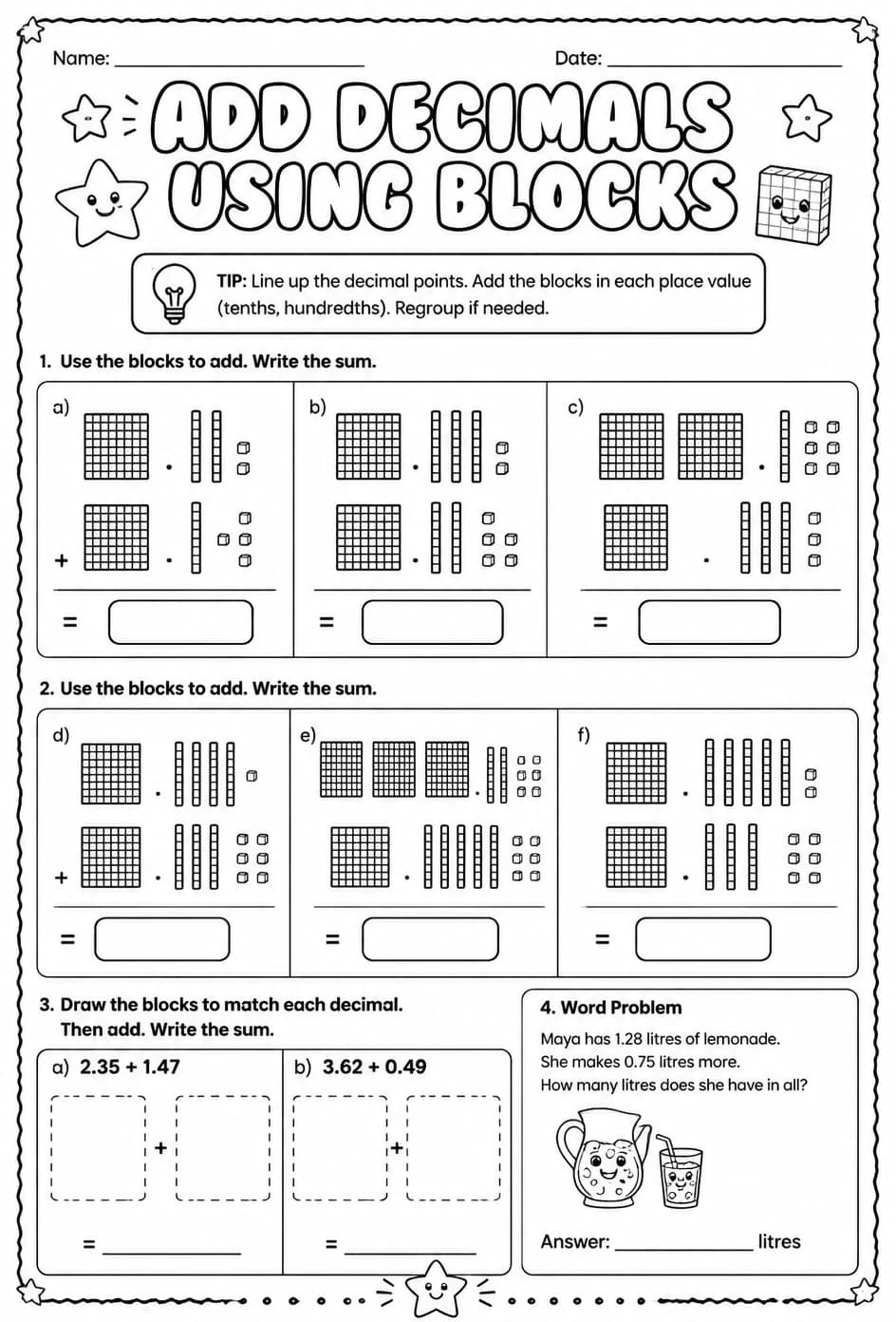 Add decimals using blocks — free printable Grade 4 math worksheet