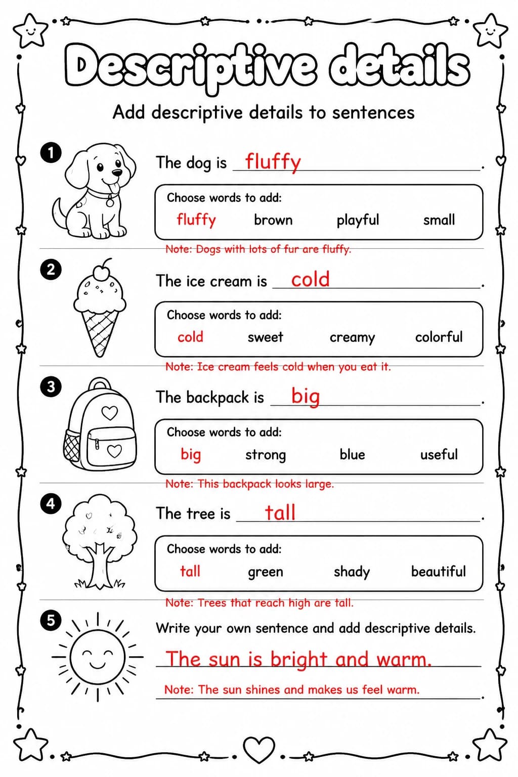 Answer key for Add descriptive details to sentences — free printable English & Reading worksheet