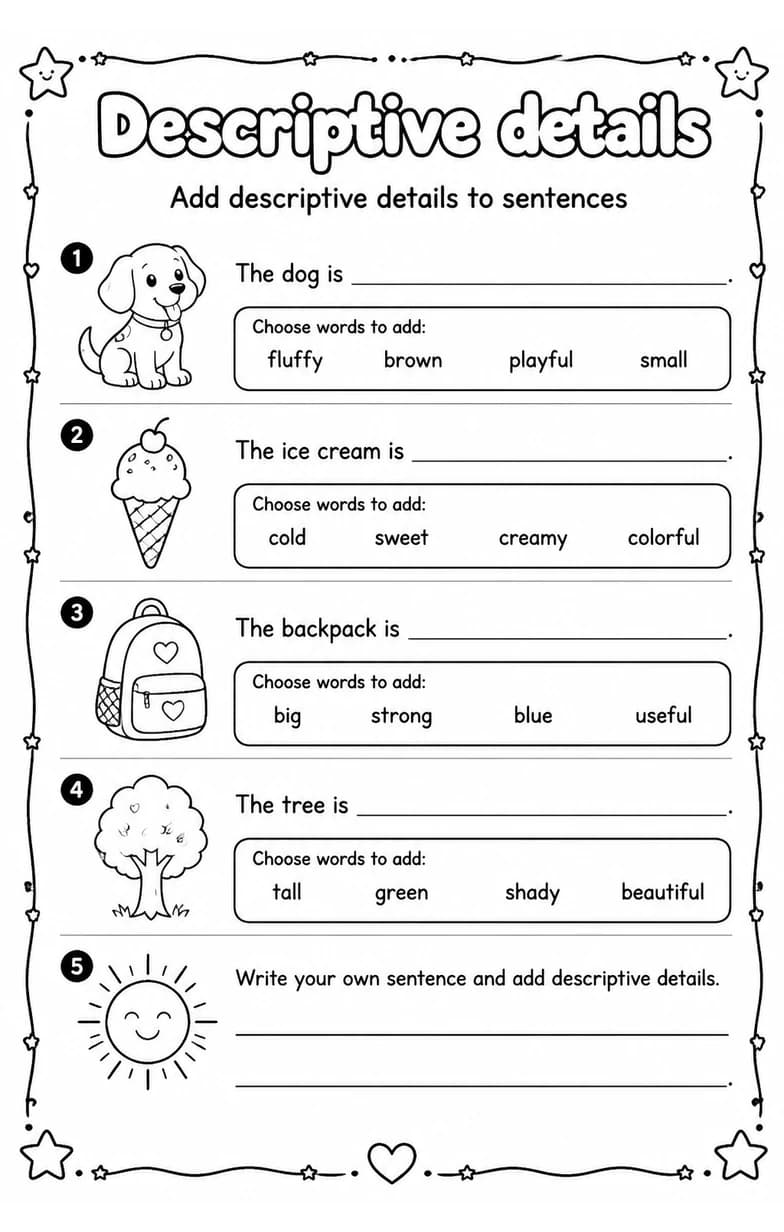 Add descriptive details to sentences — free printable Grade 2 English & Reading worksheet
