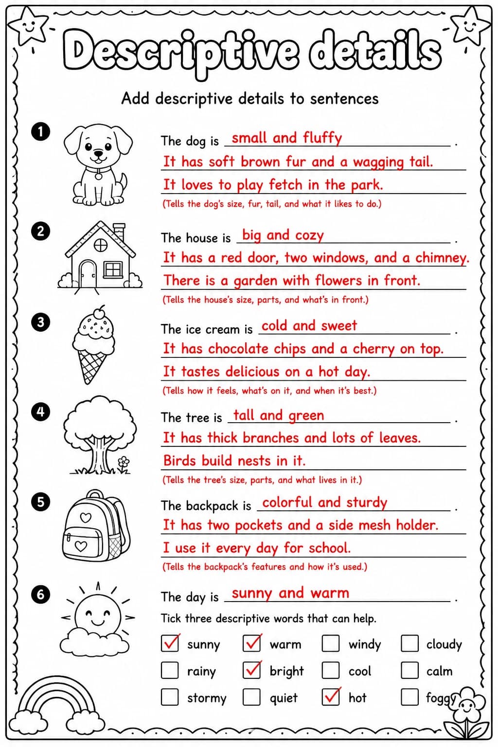 Answer key for Add descriptive details to sentences — free printable English & Reading worksheet