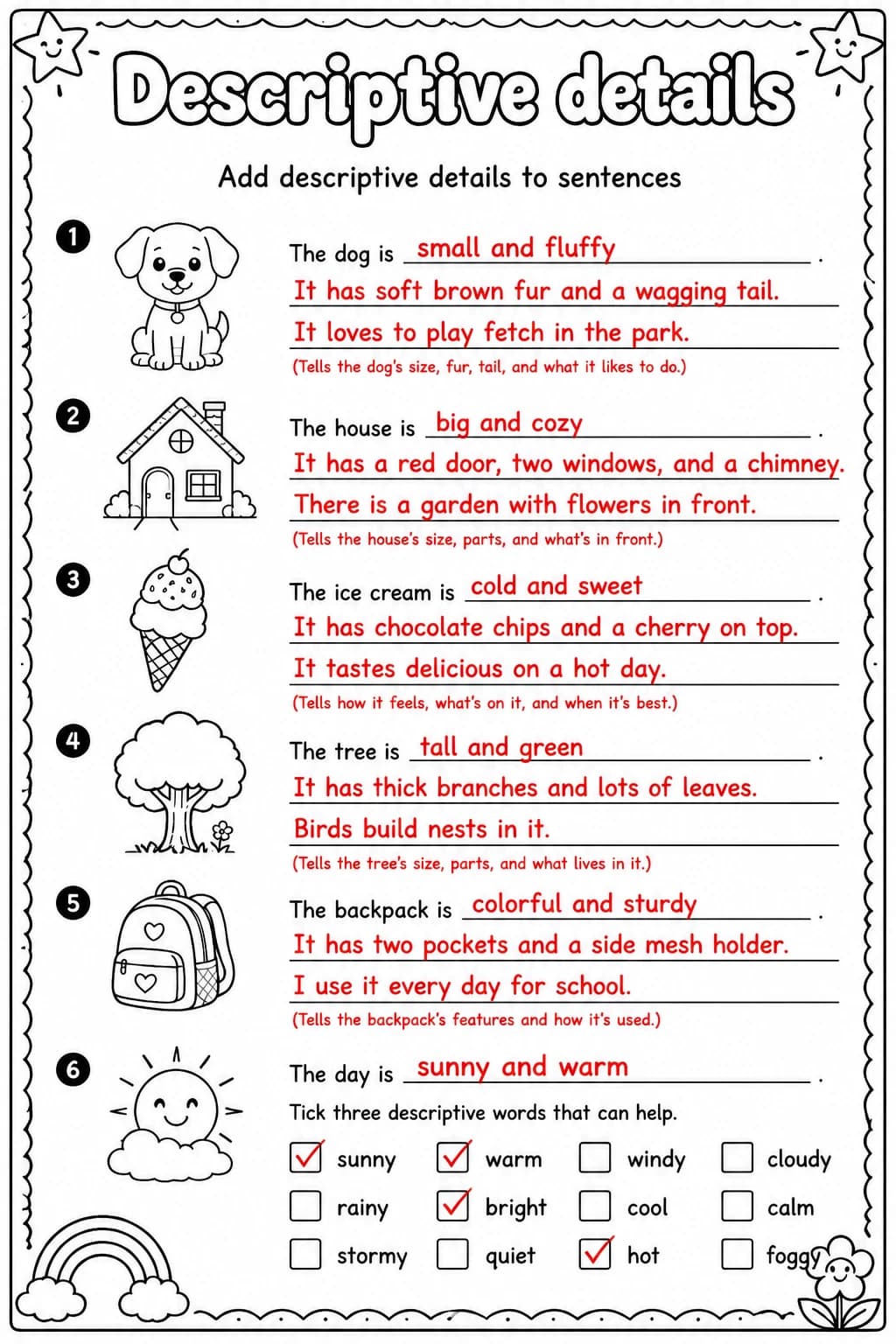 Answer key for Add descriptive details to sentences — free printable English & Reading worksheet