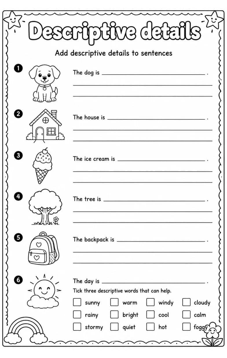 Add descriptive details to sentences — free printable Writing strategies English worksheet