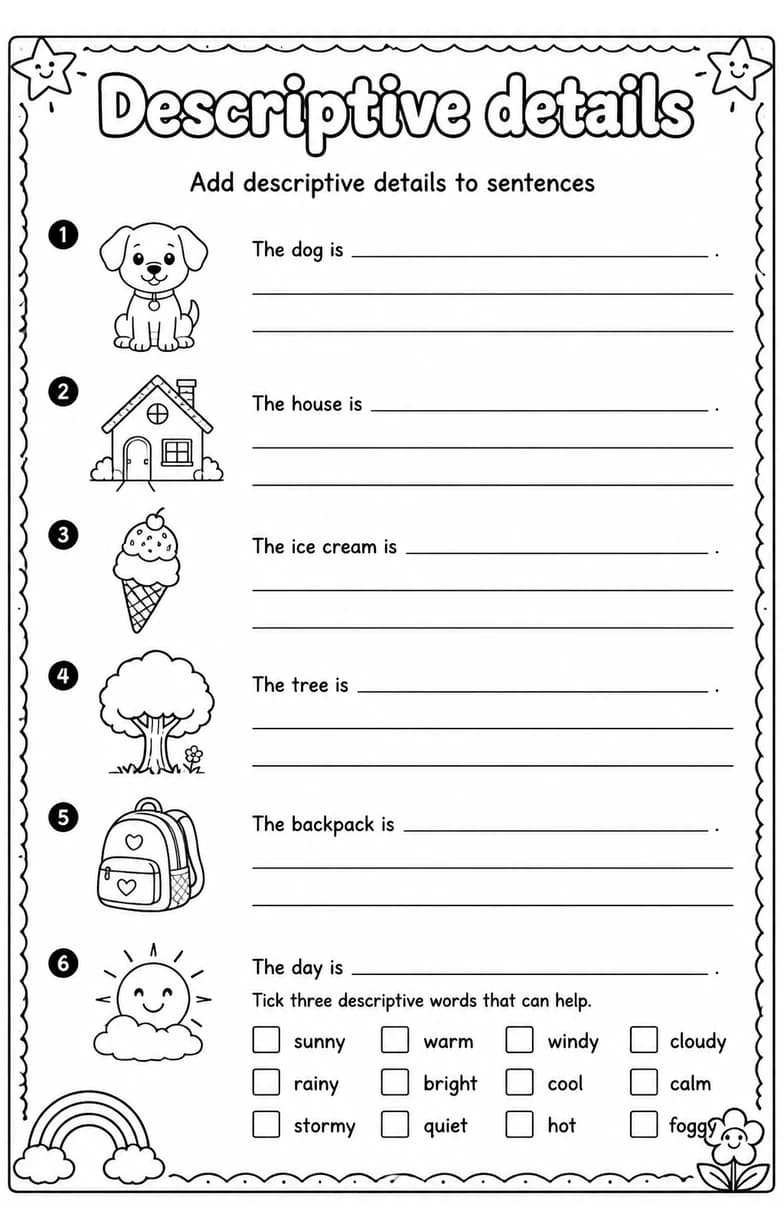 Add descriptive details to sentences — free printable Writing strategies English worksheet
