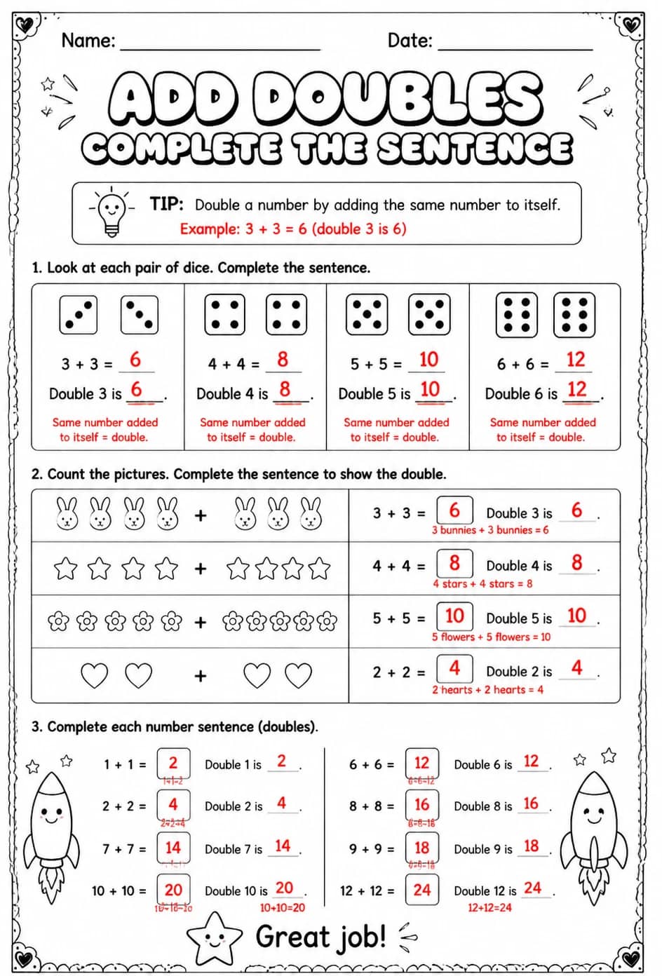 Answer key for Add doubles - complete the sentence — free printable Math worksheet