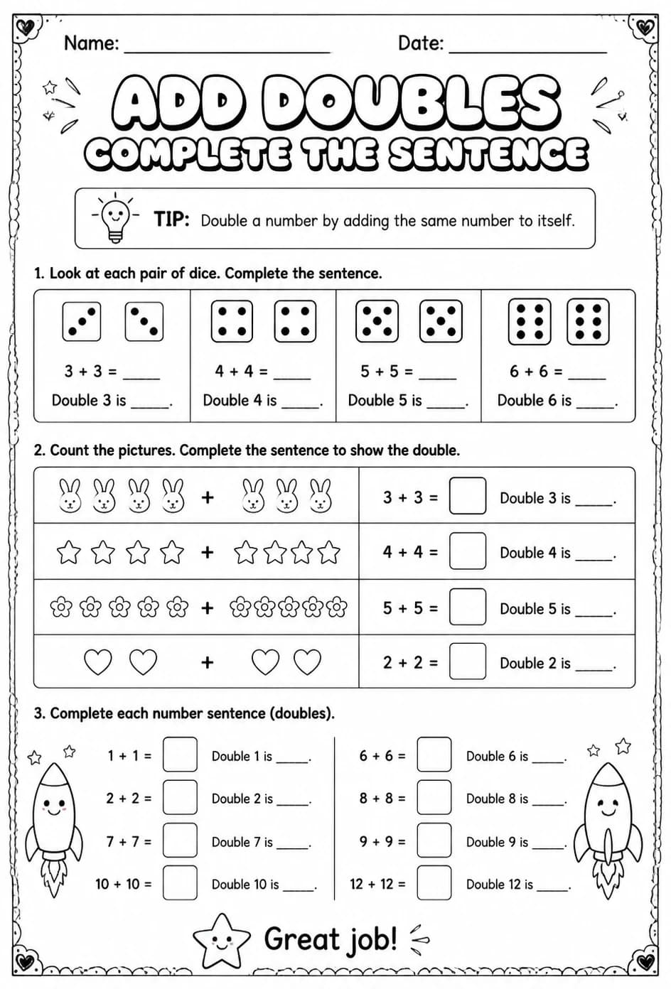 Add doubles - complete the sentence — free printable Grade 1 math worksheet