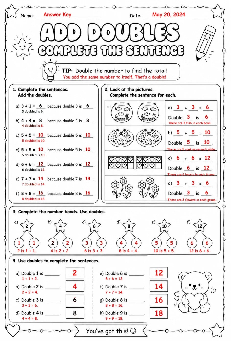 Answer key for Add doubles - complete the sentence — free printable Math worksheet