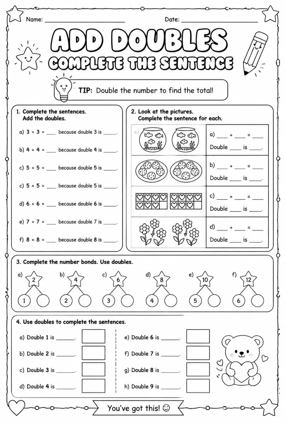 Add doubles - complete the sentence — free printable Grade 2 math worksheet
