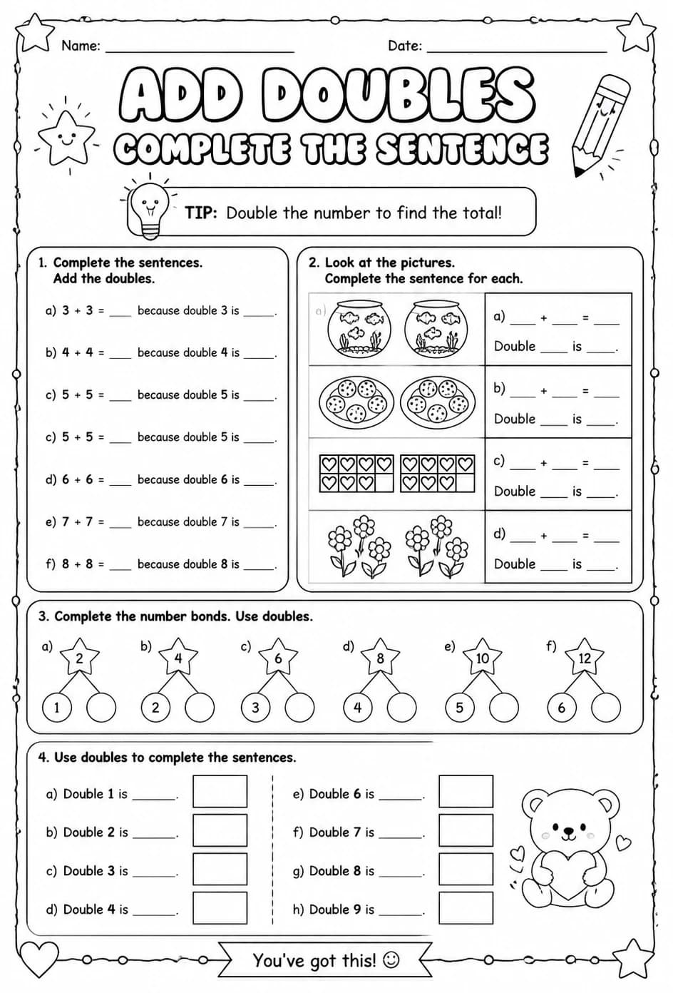 Add doubles - complete the sentence — free printable Grade 2 math worksheet