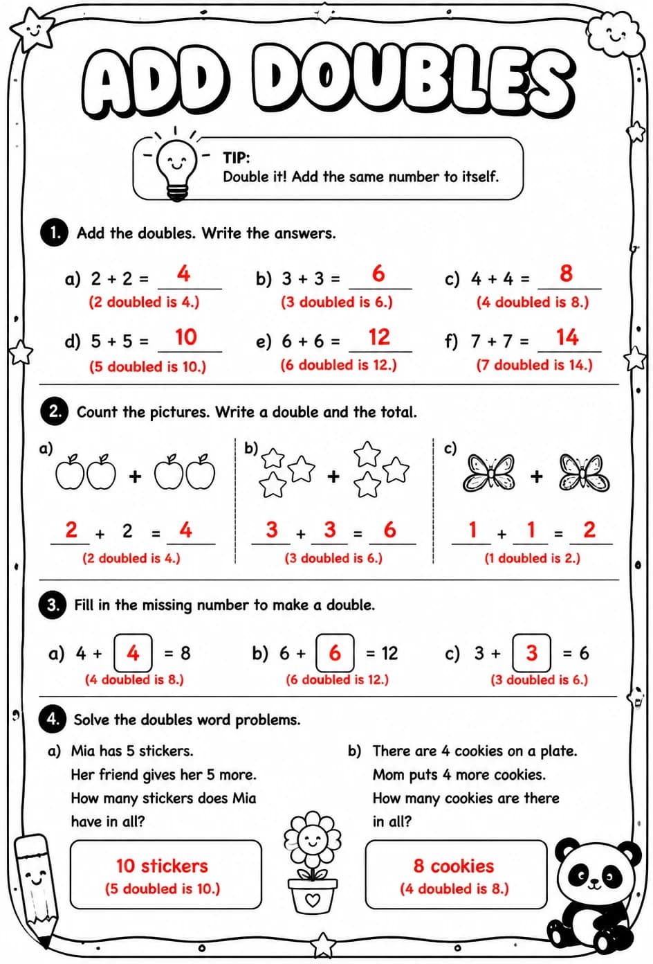 Answer key for Add doubles — free printable Math worksheet