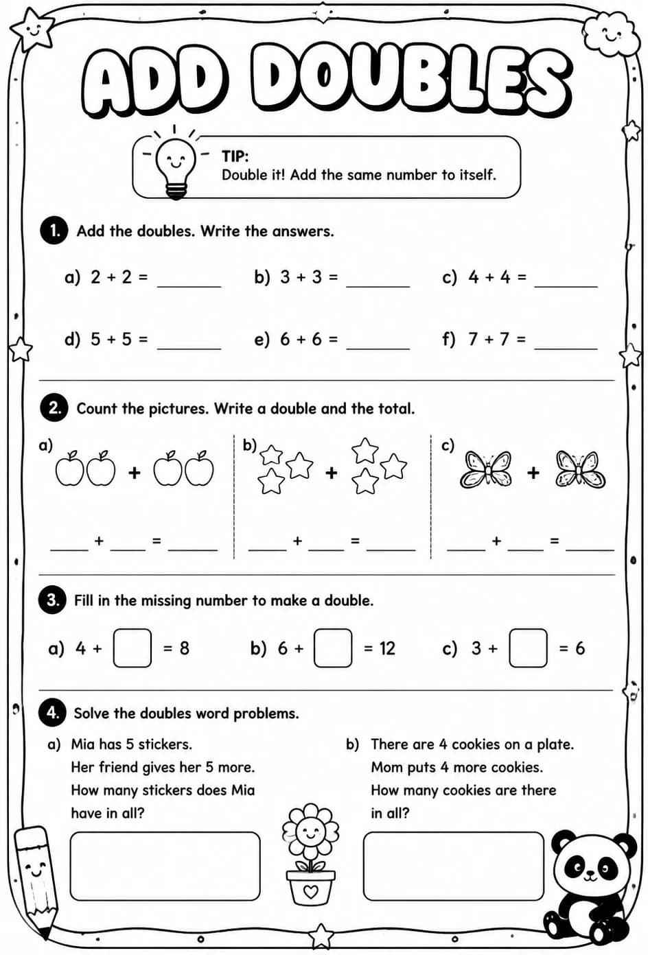 Add doubles — free printable Grade 1 math worksheet