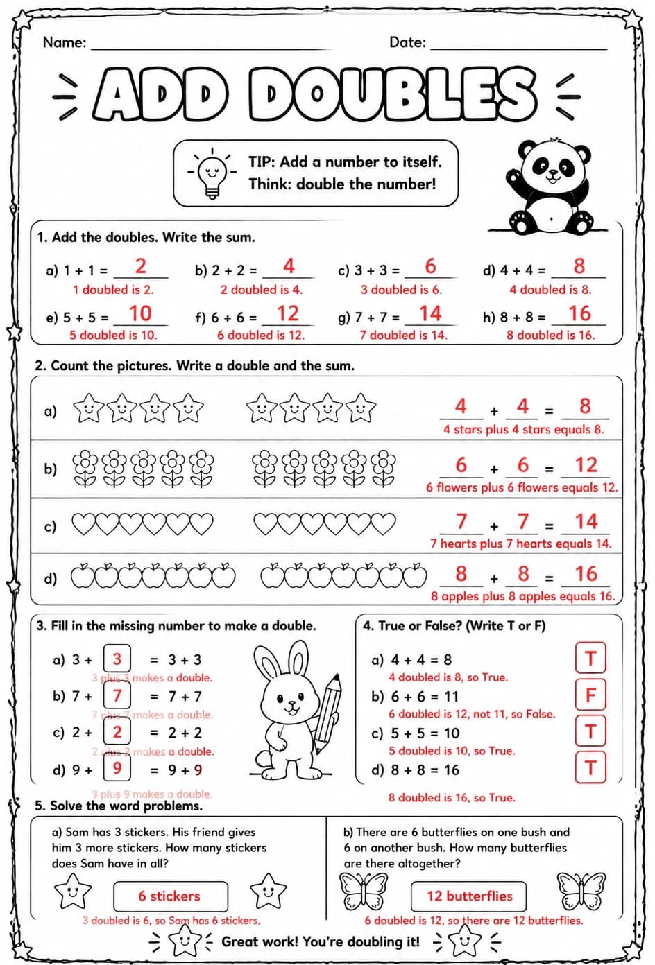 Answer key for Add doubles — free printable Math worksheet