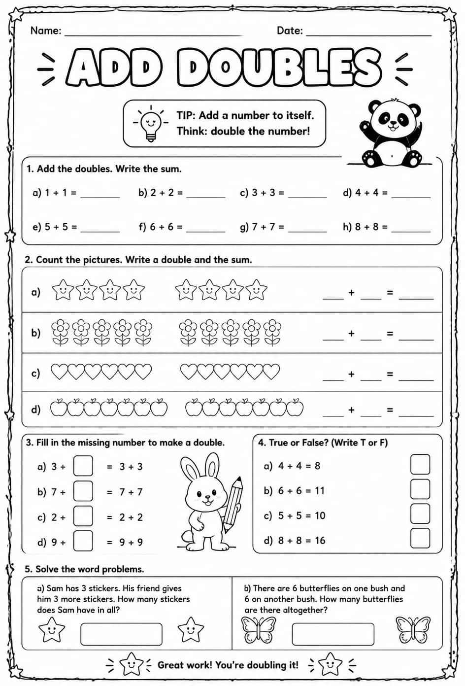 Add doubles — free printable Grade 2 math worksheet