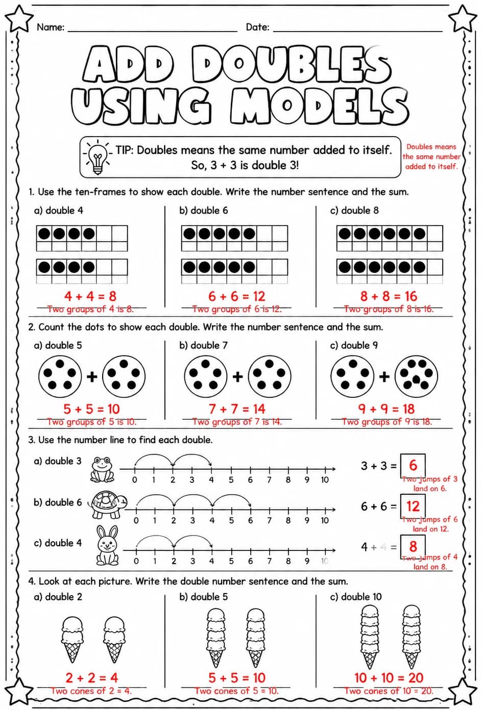 Answer key for Add doubles using models — free printable Math worksheet