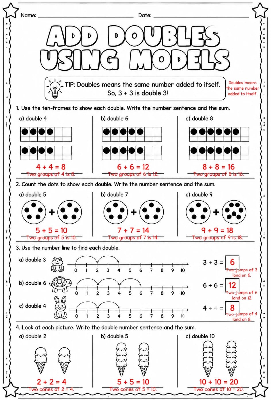 Answer key for Add doubles using models — free printable Math worksheet