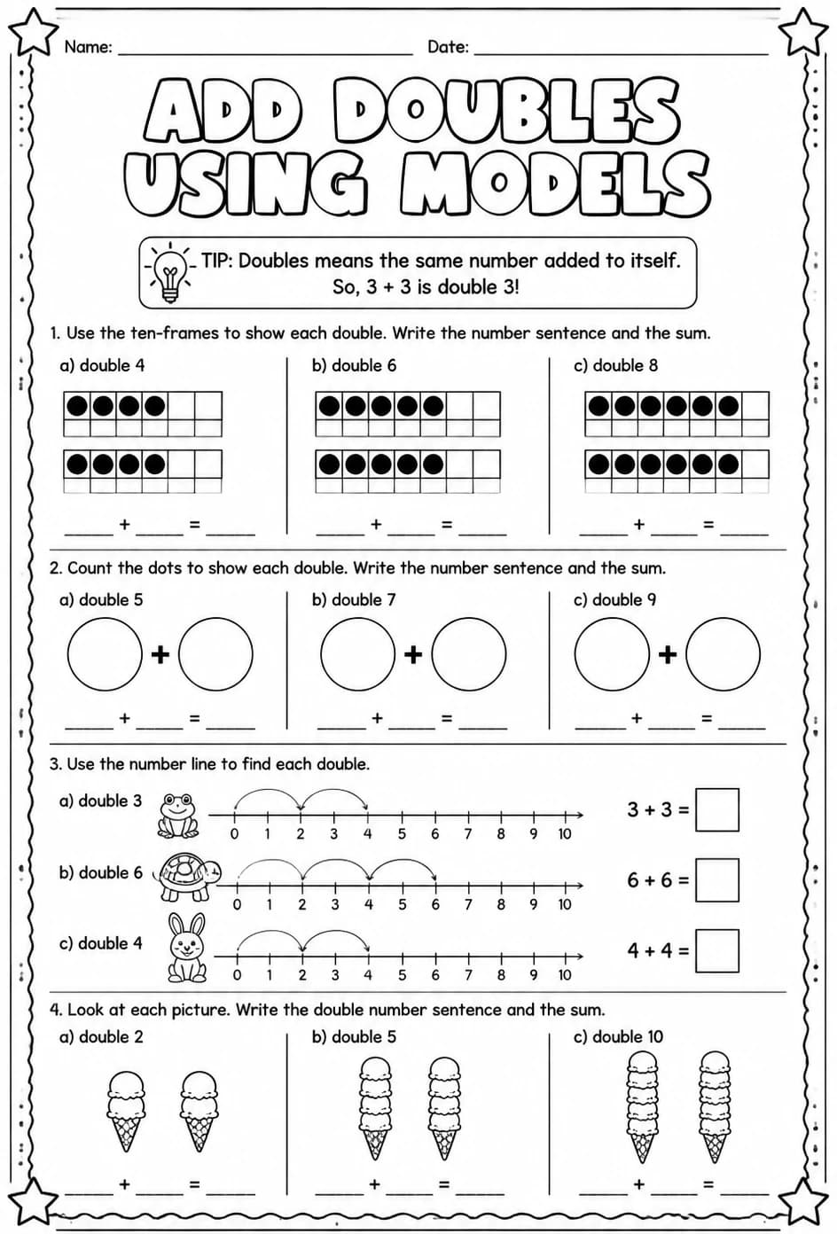 Add doubles using models — free printable Grade 2 math worksheet