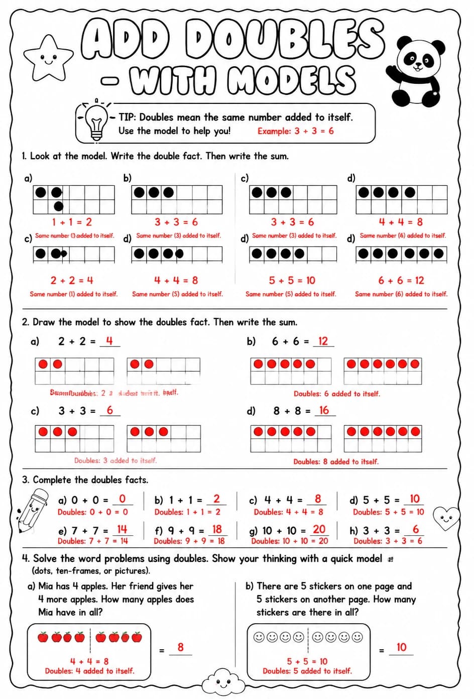 Answer key for Add doubles - with models — free printable Math worksheet