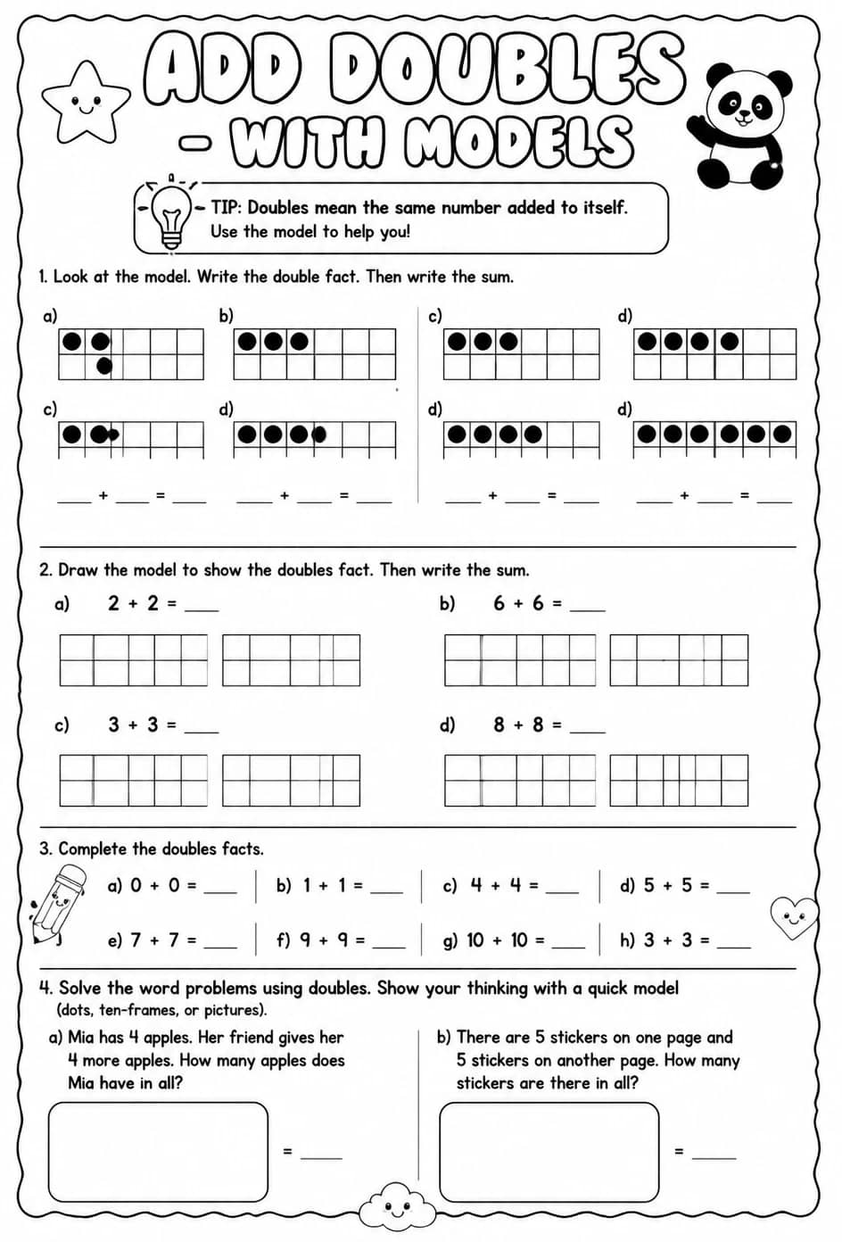 Add doubles - with models — free printable Grade 1 math worksheet