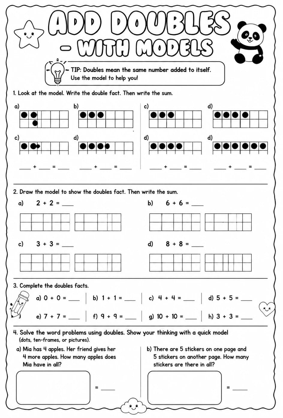 Add doubles - with models — free printable Grade 1 math worksheet