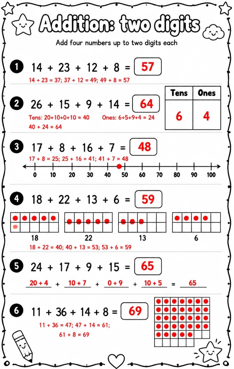 Answer key for Add four numbers up to two digits each — free printable Math worksheet