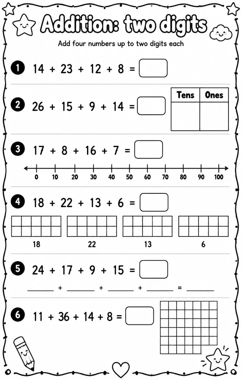 Add four numbers up to two digits each — free printable Grade 2 math worksheet