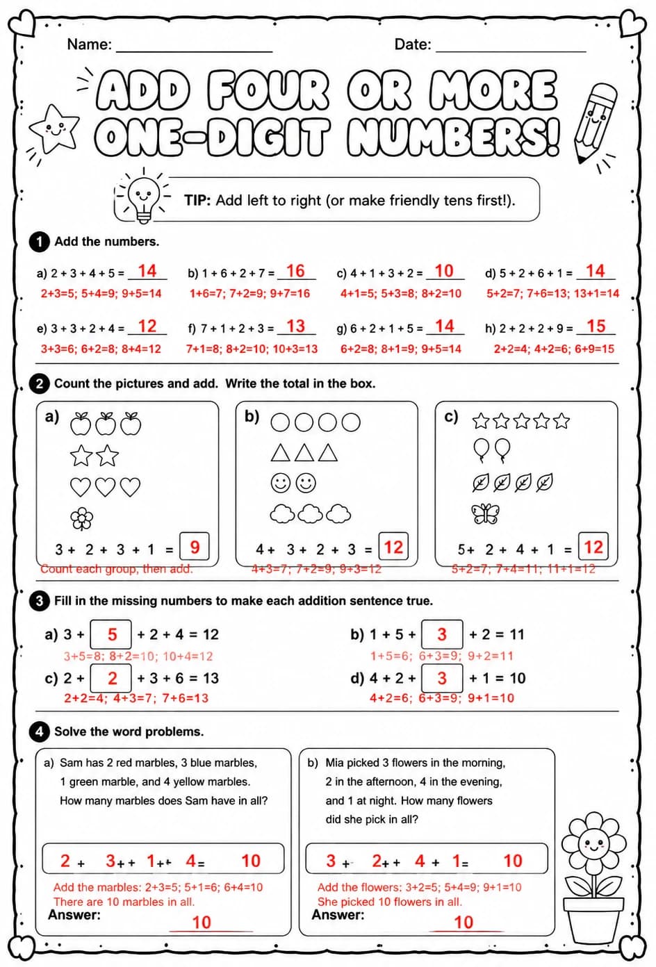 Answer key for Add four or more one-digit numbers — free printable Math worksheet