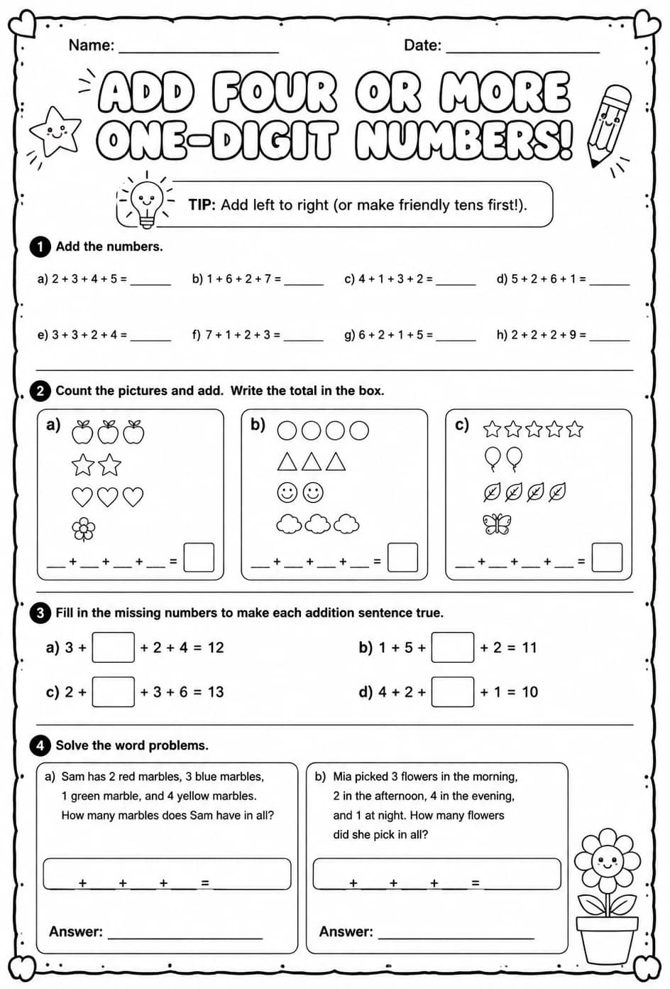 Add four or more one-digit numbers — free printable Grade 2 math worksheet
