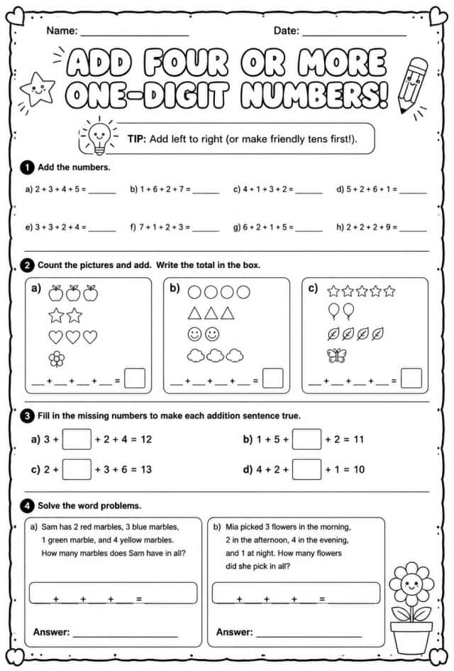 Add four or more one-digit numbers