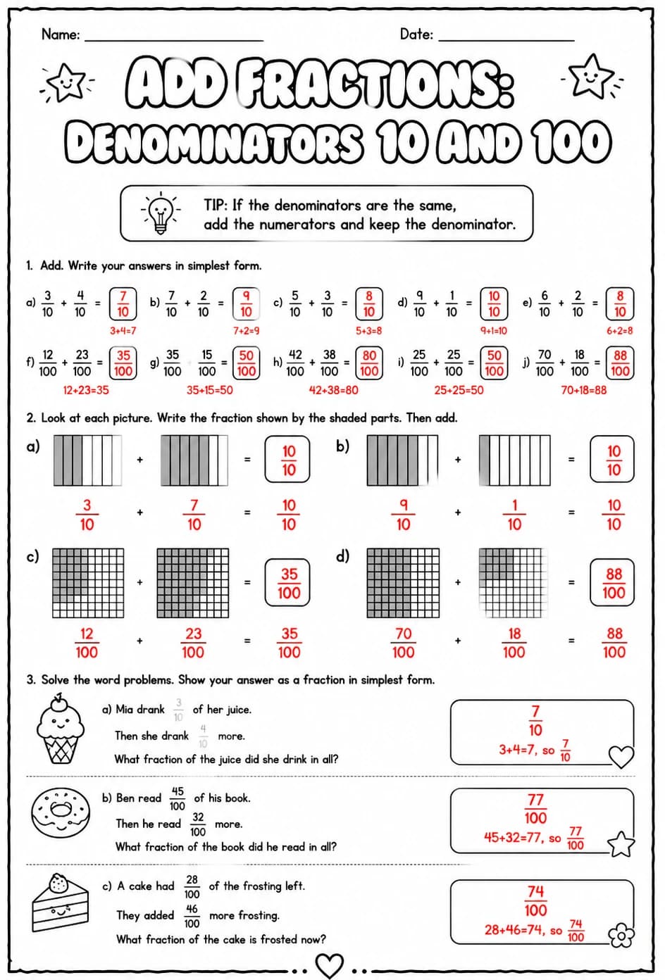 Answer key for Add fractions: denominators 10 and 100 — free printable Math worksheet