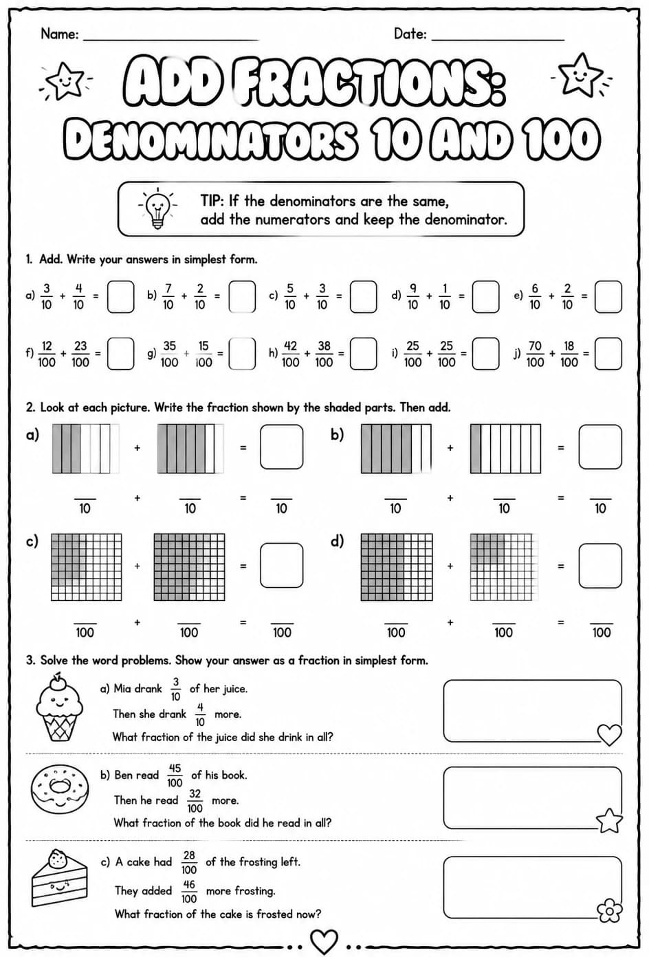 Add fractions: denominators 10 and 100 — free printable Grade 4 math worksheet