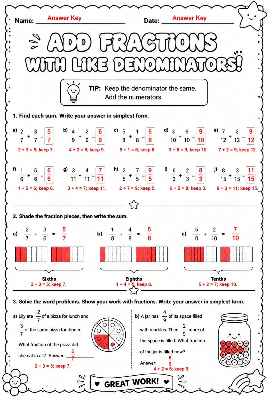 Answer key for Add fractions with like denominators — free printable Math worksheet