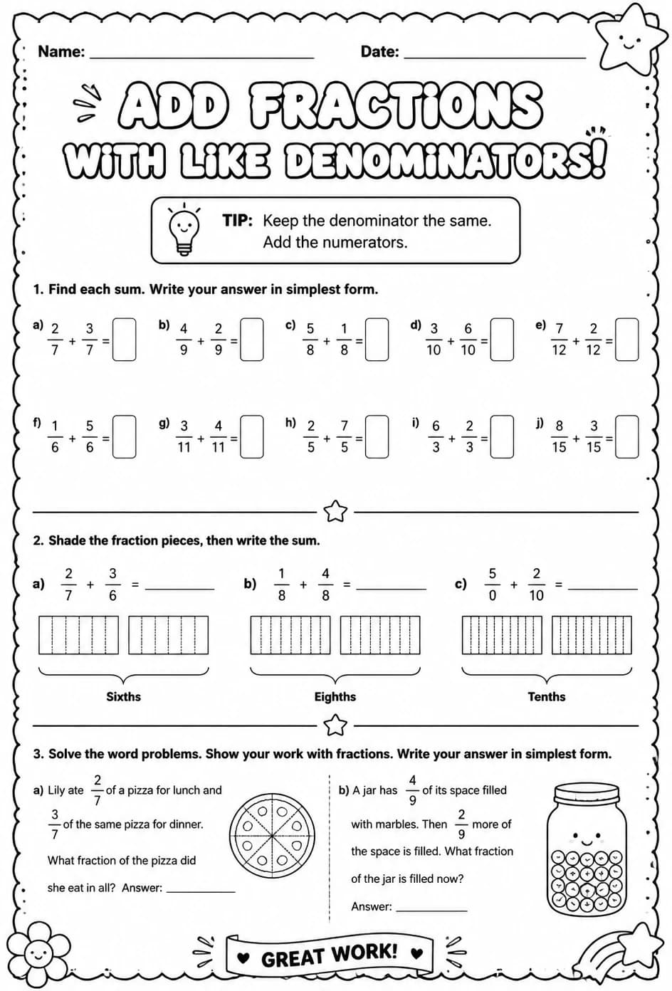 Add fractions with like denominators — free printable Grade 4 math worksheet